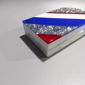 Acrylic evening clutch with red, white, blue stripes and silver sequins for weddings