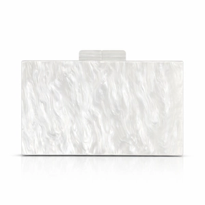 Elegant white pearlescent acrylic evening clutch with marble texture and metal clasp