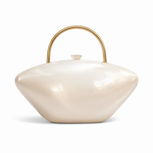Detail of elegant off-white acrylic clutch bag with a semi-circular gold metal handle
