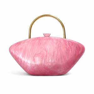 Pink marble acrylic evening clutch bag with elegant gold metal handle for weddings
