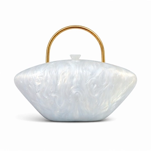 Elegant pearl white acrylic clutch evening bag with golden semi-circular metal handle