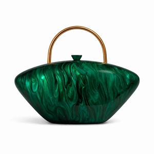 Emerald green marble acrylic evening clutch bag with elegant golden circular metal handle
