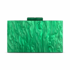 Detail of green marble patterned acrylic clutch with rectangular hard shell and top clasp