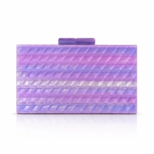 Close-up of iridescent purple acrylic evening clutch with textured shell and clasp