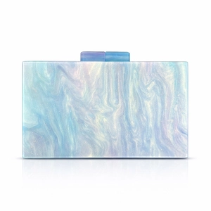 Detailed front view of pearlescent blue acrylic evening clutch with marble texture