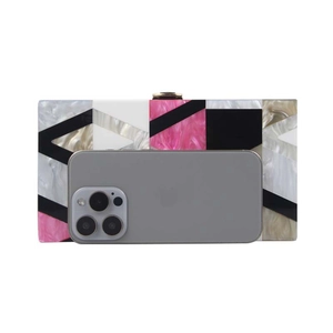 Rectangle acrylic evening clutch with pink and white marble pattern and gold metal clasp