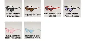 Close-up of six trendy cat-eye sunglasses in black, leopard, red, pink and blue frames