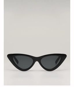Front macro view of retro black cat-eye sunglasses with polished frame and dark lenses