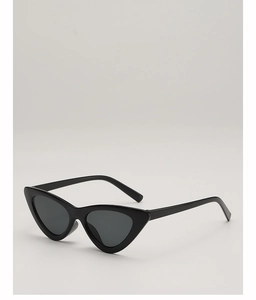 Detail view of vintage black cat-eye sunglasses with dark grey lenses and sleek frames