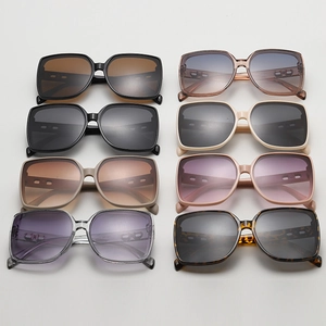 Detailed grid view of wide-frame square sunglasses in eight assorted trendy colors