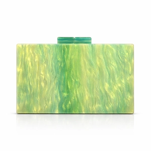 Green and yellow pearlescent acrylic evening clutch bag with marble texture finish