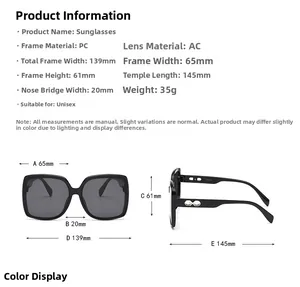 Detailed size chart for retro square sunglasses showing frame dimensions and PC material