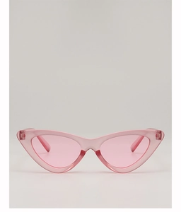 Detail of trendy retro cat-eye sunglasses with pink transparent frames and lenses