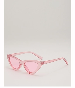 Macro detail of model number 8002 printed on pink translucent cat eye sunglasses