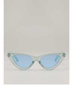 Front view of vintage cat-eye sunglasses with transparent blue frame and tinted lenses