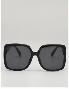 Detailed front view of classic oversized square sunglasses with black frames and dark gray lenses