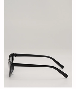 Side view of black cat-eye sunglasses featuring a streamlined glossy frame and dark lenses
