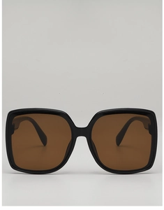 Front view of square oversized sunglasses with black frame and brown lenses for women