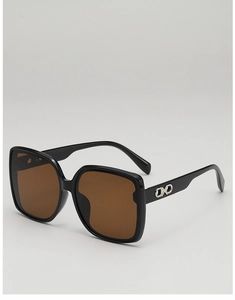 Detail view of square black sunglasses with silver metal temple decor and brown lenses