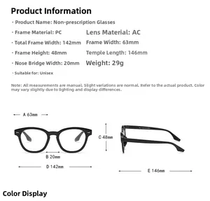 Detailed size chart for round retro glasses frame with dimensions and PC material info