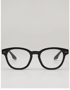 Detail of black round glasses frame featuring non-slip temples and silver metal accents