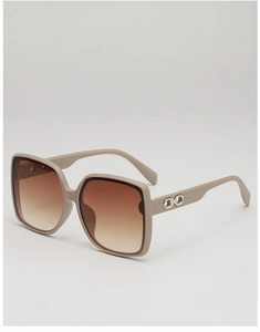 Detail of square oversized sunglasses with beige frame and silver infinity metal hinge