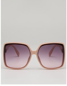 Detailed front view of pink square oversized sunglasses with purple gradient lenses