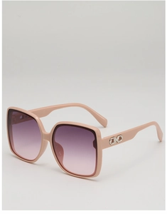 Close-up of pink square sunglasses featuring gradient lenses and metal link temple detail