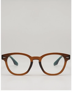 Detailed view of brown translucent round frames with silver accents and anti-slip temples