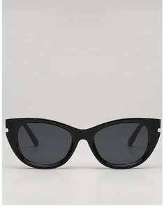 Détail de lunettes de soleil œil-de-chat noires avec monture brillante et encoche latérale