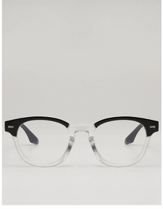 Close-up of browline frames with black top and transparent bottom temple tips