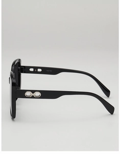 Detail view of large square black sunglasses temples with silver geometric metal buckle