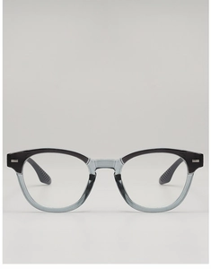 Detail of dual-tone frames with black brow and translucent blue lower rim and metal rivets
