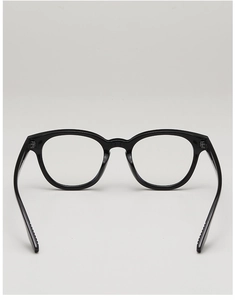 Rear view of black retro round glasses frame with non-slip temple tips and clear lenses