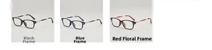 Detail view of square eyeglass frames in black, blue, and tortoiseshell red colors
