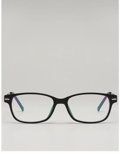 Detail of classic black full-rim square glasses frame with blue translucent temple tips