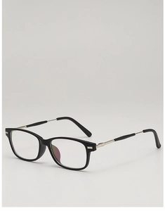 Macro view of square frame glasses with silver metal temples and blue light coating