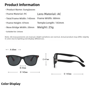 Tableau des tailles et dimensions détaillées pour lunettes de soleil carrées unisexe