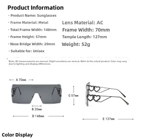 Detailed size chart for frameless square sunglasses with metal heart temples and dimensions
