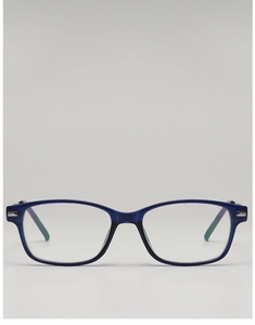 Detail of blue translucent square eyeglass frame with silver metal hinge decorations
