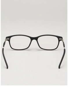 Detail view of square black frame glasses featuring durable silver metal hinge design