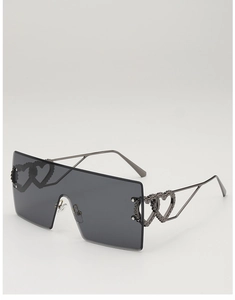 Detail of metal temple with hollow interlocking hearts on rimless square sunglasses