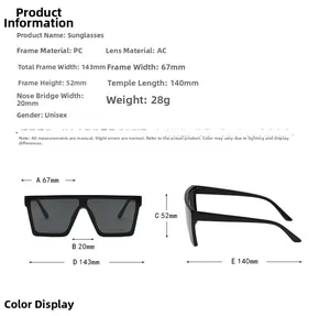 Detailed size chart for unisex square sunglasses with frame and lens dimensions