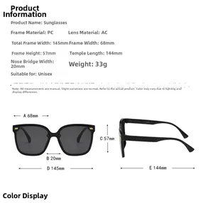 Detailed size chart for square frame sunglasses with precise lens and temple measurements