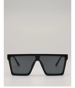 Front view of black oversized flat top sunglasses with dark grey square lenses