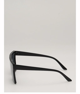 Side view of large square black sunglasses with glossy frames and seamless temple design