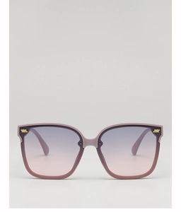 Detailed close-up of retro square sunglasses with purple gradient lenses and gold studs