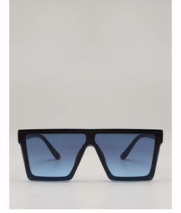Close-up of square black frame sunglasses with blue gradient lenses and a flat top design