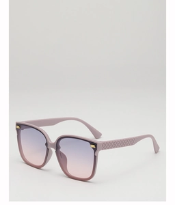 Detail of lavender sunglasses with quilted texture temples and golden hinge accents