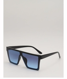 Detail of square black frame sunglasses with deep blue gradient lenses and glossy finish